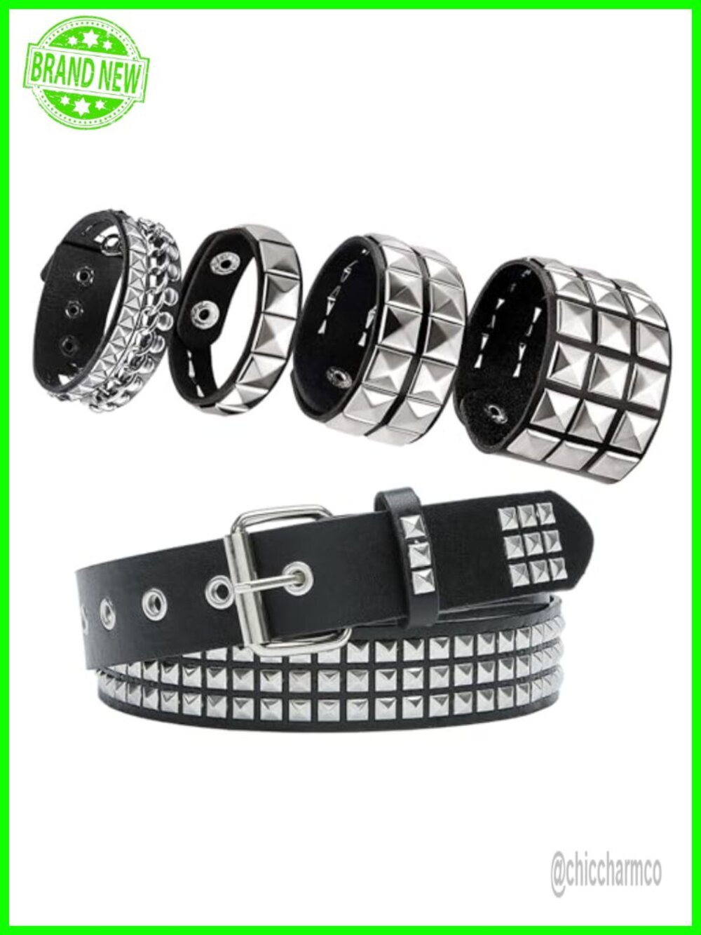 Studded Belt Spiked Bracelets Set Punk Rock Black PU Leather Adjustable